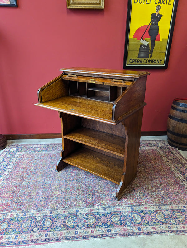 Antique Edwardian Oak Roll Top Bureau Bookcase Desk