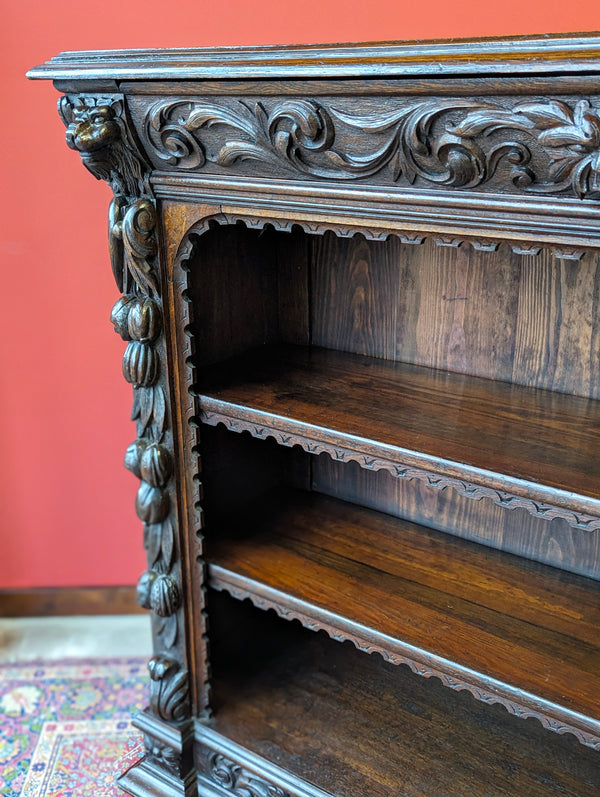 Antique Victorian Carved Oak Open Bookcase