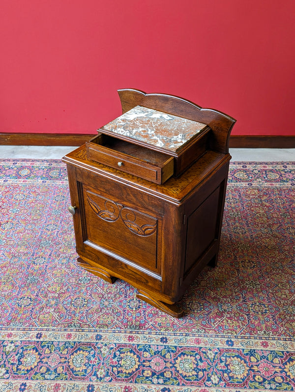 Antique Early 20th Century French Marble Topped Oak Bedside