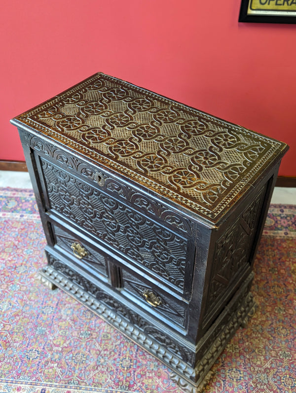 Antique Early 19th Century Carved Ebonised Mule Chest
