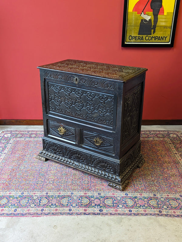 Antique 19th Century Carved Ebonised Mule Chest