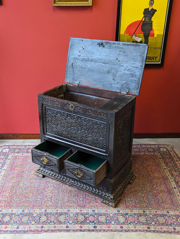 Antique 19th Century Carved Ebonised Mule Chest