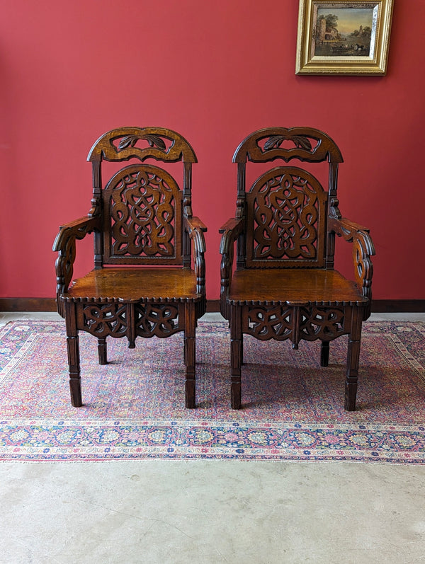 Pair of Antique 19th Century Carved Oak Hall Chairs