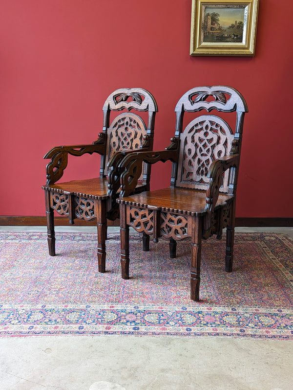 Pair of Antique 19th Century Carved Oak Hall Chairs