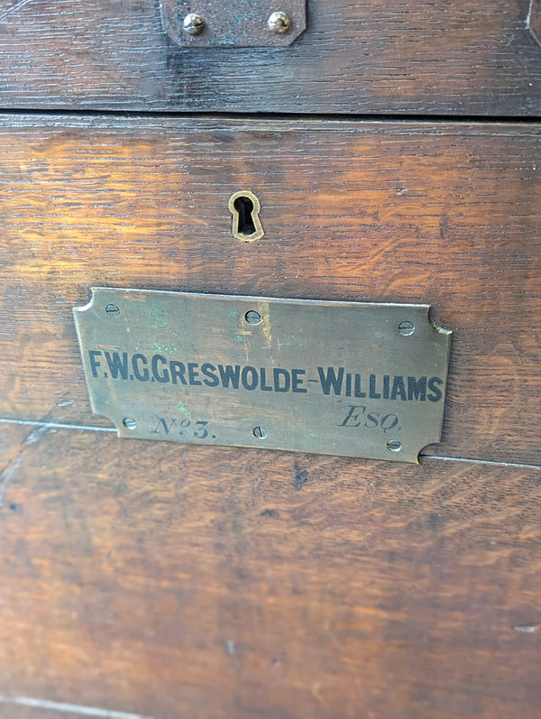 Antique Victorian Iron Bound Oak Silver Chest of ‘Frank’ Greswolde-Williams