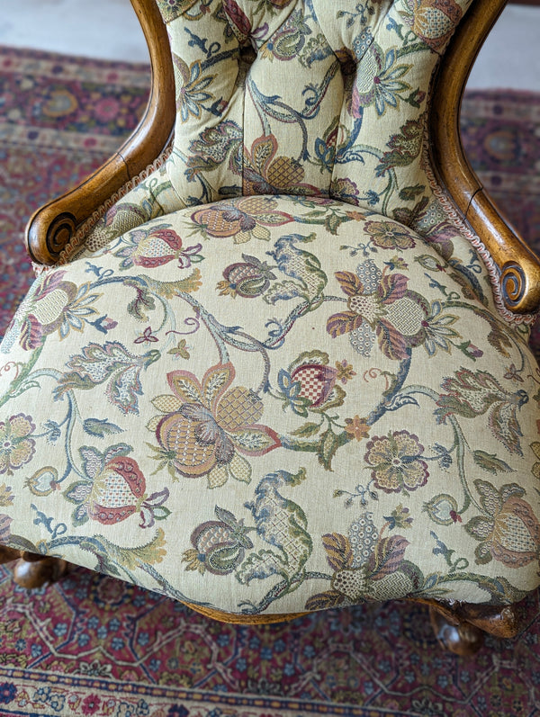 Antique Victorian Walnut Button Back Floral Easy Chair