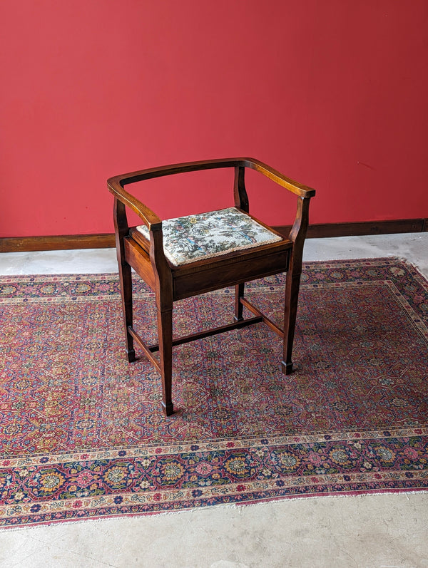 Antique Edwardian Mahogany Tapestry Seat Piano Stool with Storage