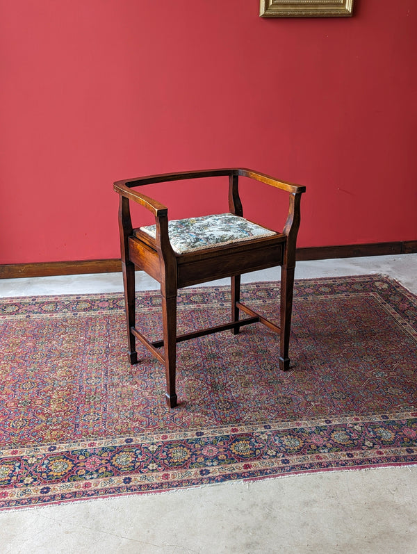Antique Edwardian Mahogany Tapestry Seat Piano Stool with Storage