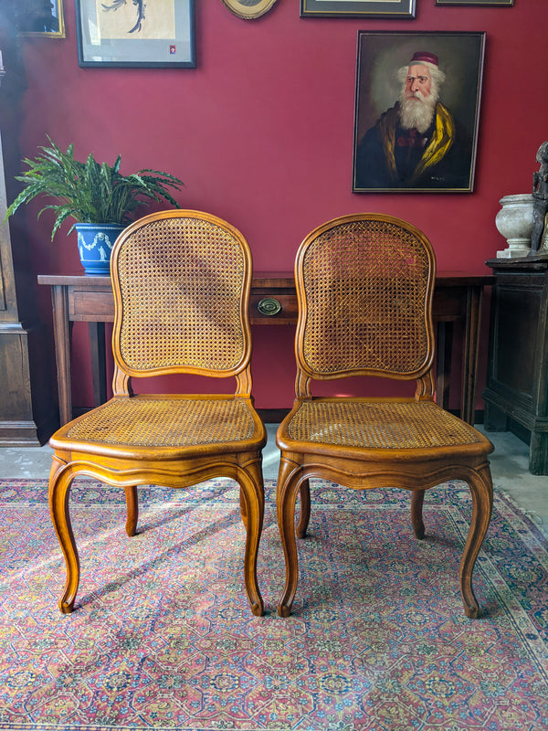 Pair of French Antique Walnut Cane Bergere Hall Chairs