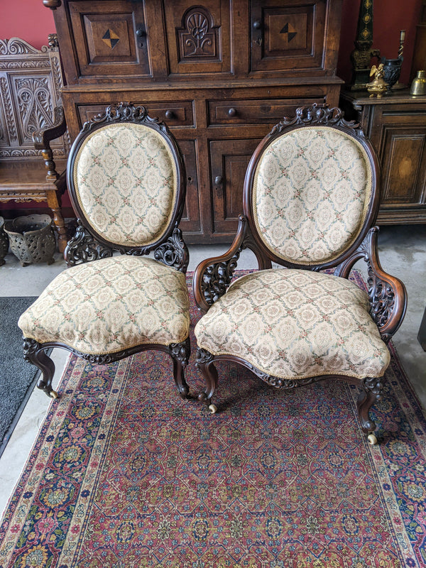 Pair of Antique Victorian Carved Walnut Parlor Chairs
