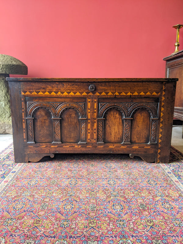 18th Century Georgian Carved & Inlaid Oak Coffer