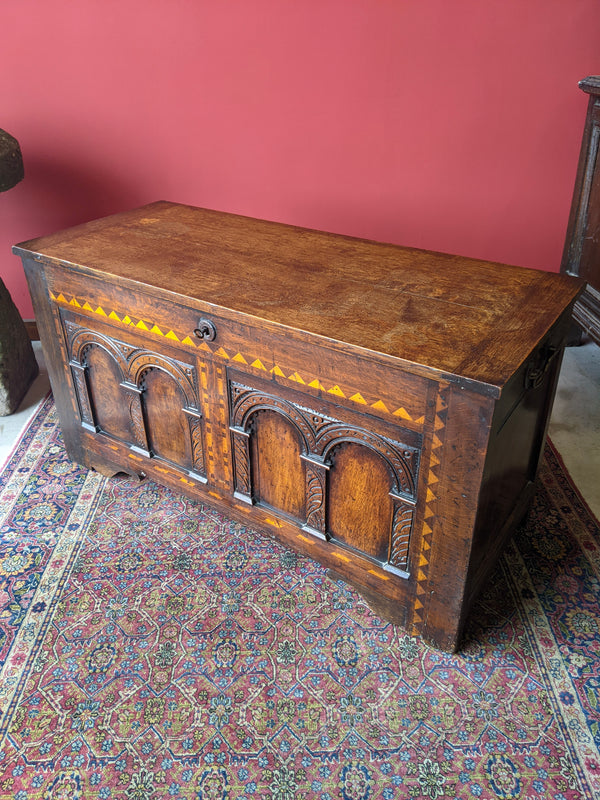 18th Century Georgian Carved & Inlaid Oak Coffer