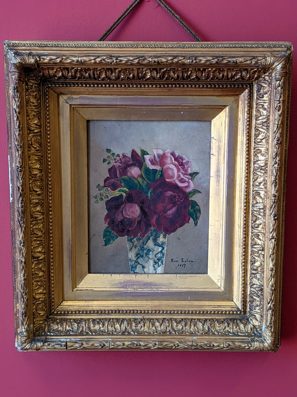 Victorian Oil on Canvas Painting Still Life Roses by Rose Eaton 1889