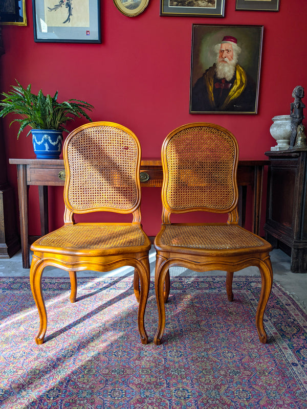 Pair of French Antique Walnut Cane Bergere Hall Chairs