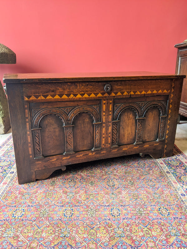 18th Century Georgian Carved & Inlaid Oak Coffer
