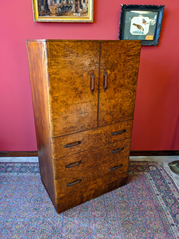 Antique Art Deco Burr Walnut Tallboy Gentleman's Wardrobe Compactum