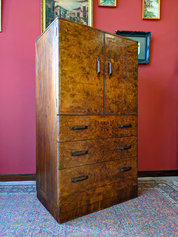 Antique Art Deco Burr Walnut Tallboy Gentleman's Wardrobe Compactum
