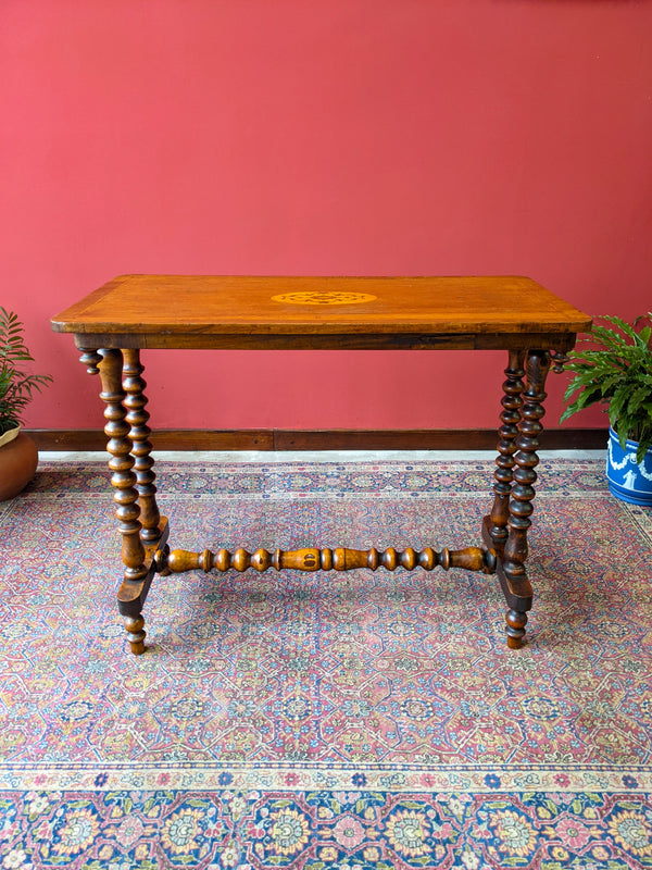 Antique Walnut Victorian Inlaid Bobbin Stretcher Table