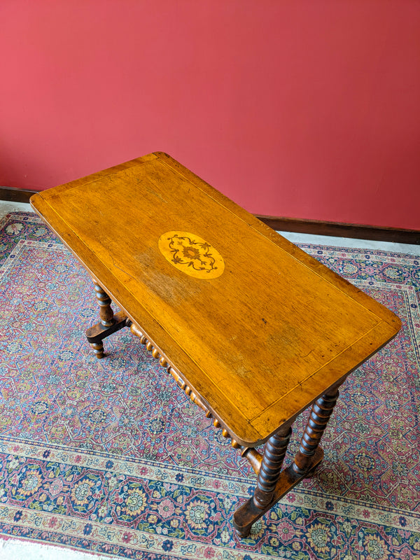 Antique Walnut Victorian Inlaid Bobbin Stretcher Table