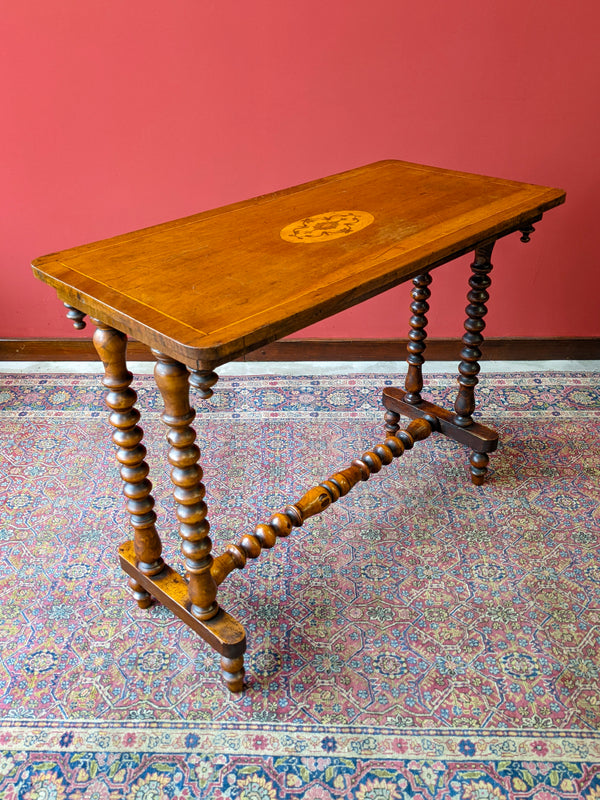 Antique Walnut Victorian Inlaid Bobbin Stretcher Table