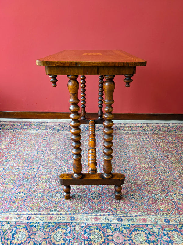 Antique Walnut Victorian Inlaid Bobbin Stretcher Table