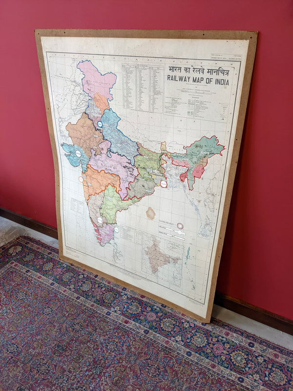 Large Authentic Vintage Railway Map of India Wall Art