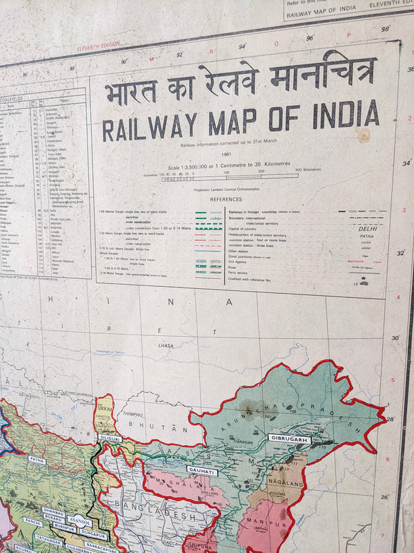 Large Authentic Vintage Railway Map of India Wall Art