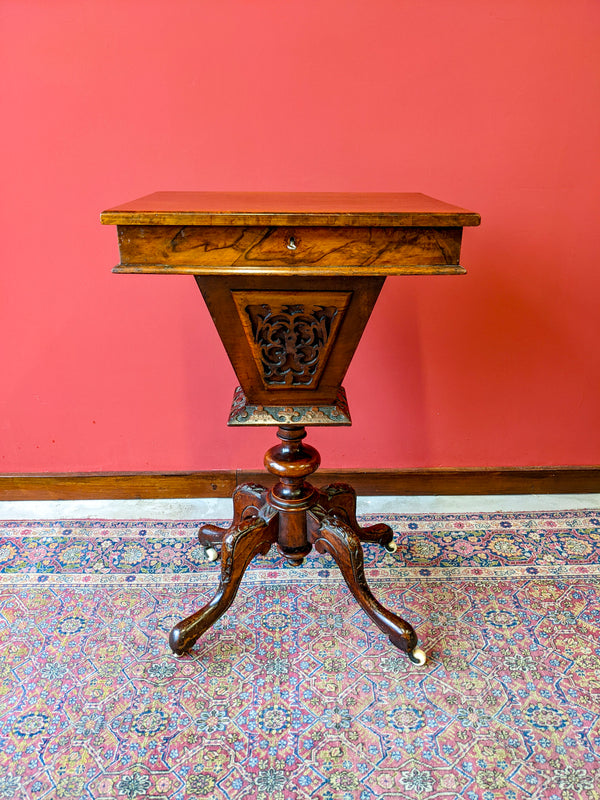 Mid Victorian Mahogany & Walnut Pedestal Sewing Table Writing Desk