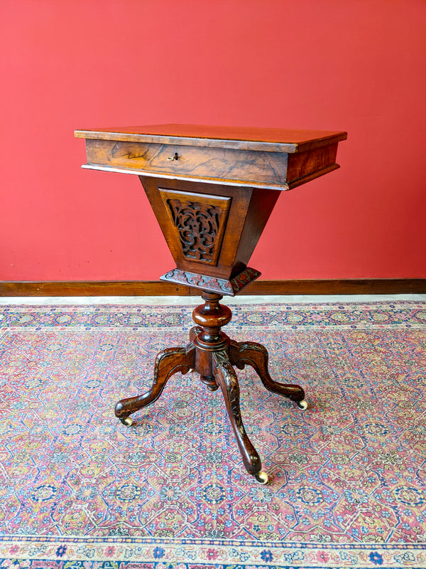 Mid Victorian Mahogany & Walnut Pedestal Sewing Table Writing Desk