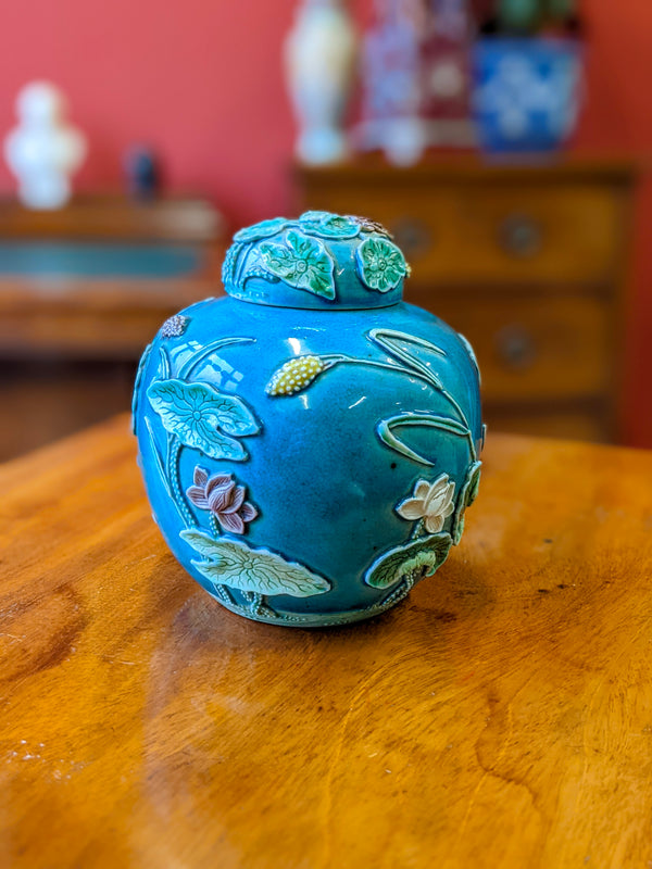 Antique Chinese Majolica Ginger Jar with Lily Pads & Heron