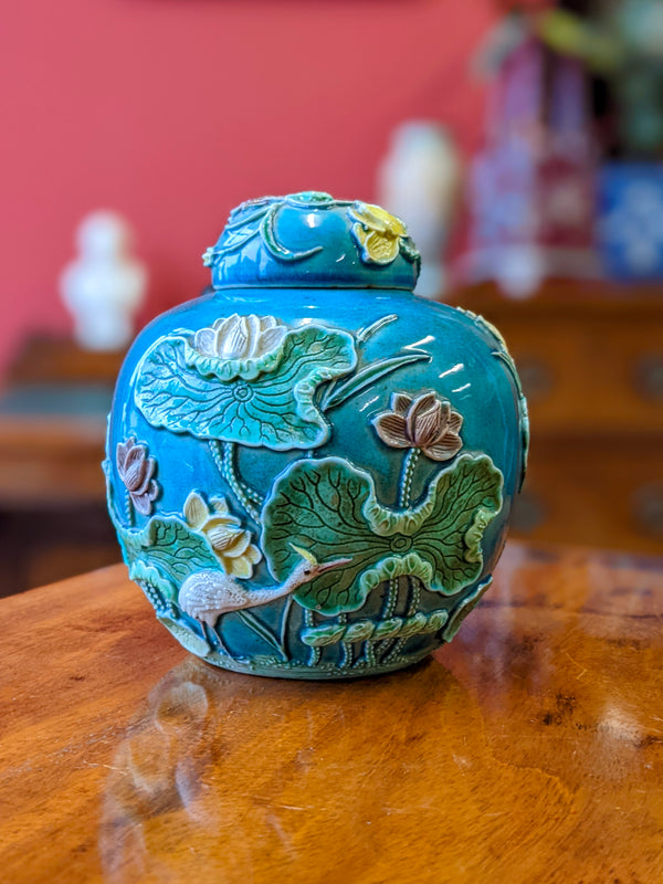 Antique Chinese Majolica Ginger Jar with Lily Pads & Heron