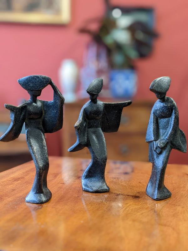 Set of Three Mid Century Cast Iron Geisha Figures