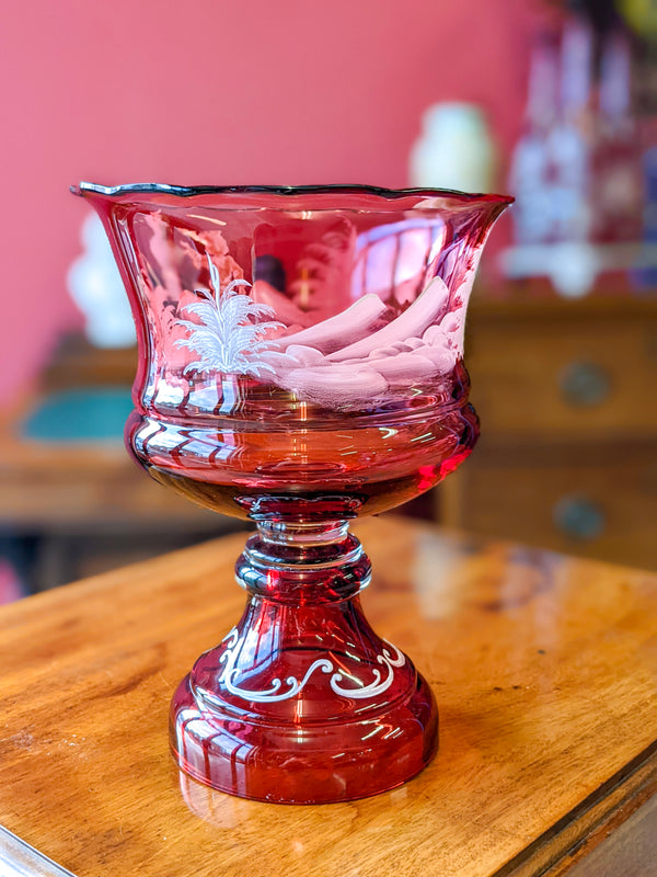 Antique Hand Painted Mary Gregory Decorated Cranberry Glass Vase