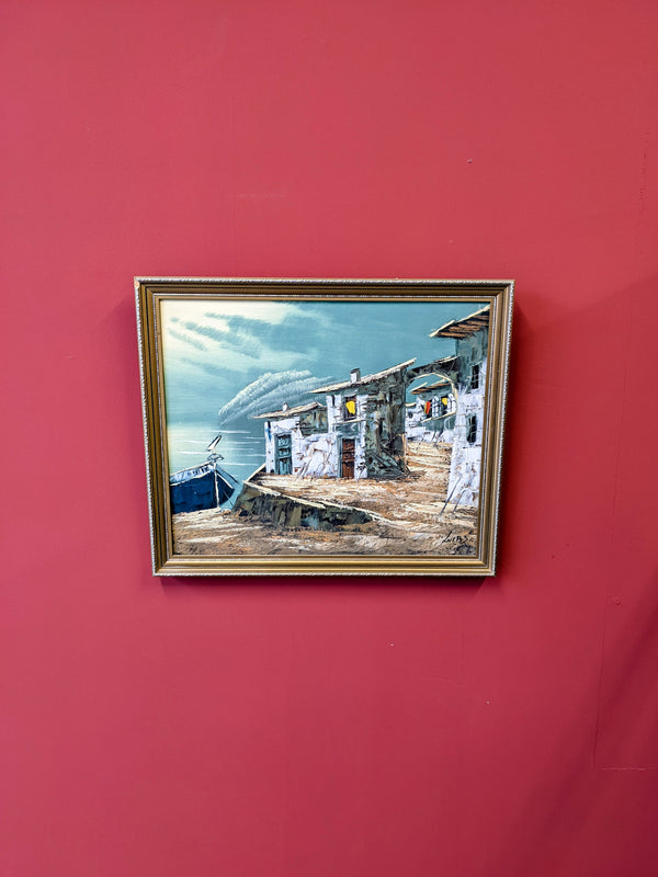 Oil on Canvas Painting Docked Boat