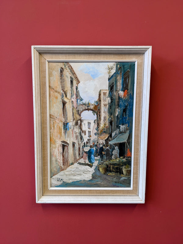 Vintage Framed Oil on Canvas Street Scene