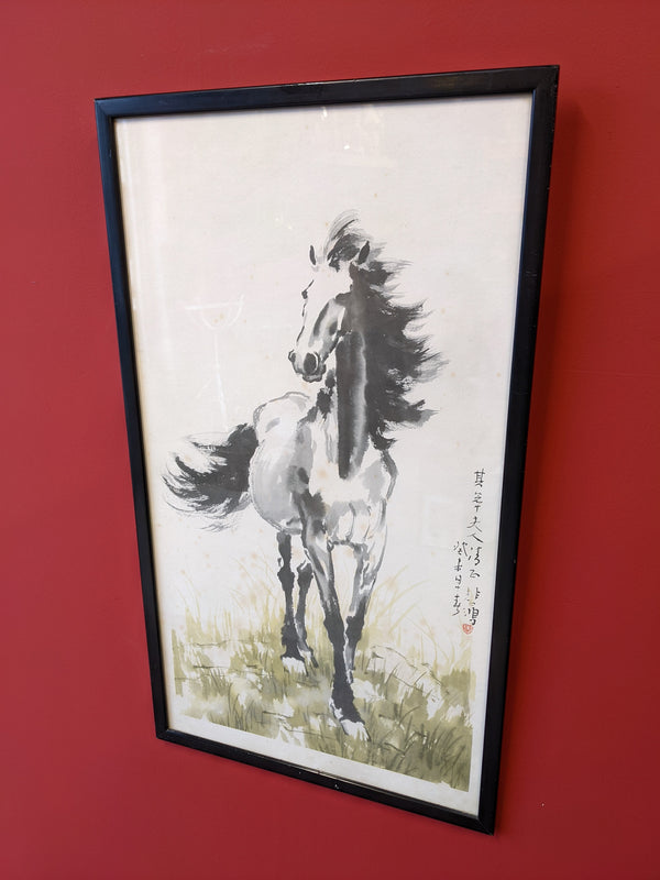 Large Vintage Chinese Framed Horse Watercolour Print