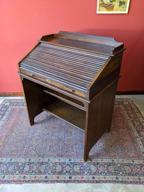 Antique Roll Top Tambour Oak Desk by Lebus