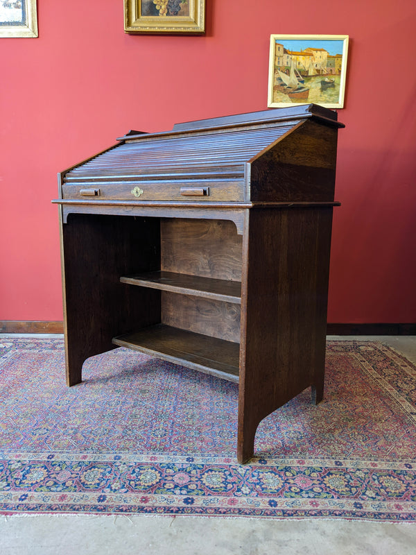 Antique Roll Top Tambour Oak Desk by Lebus