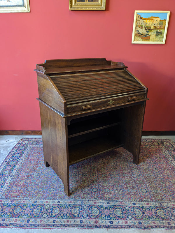 Antique Roll Top Tambour Oak Desk by Lebus