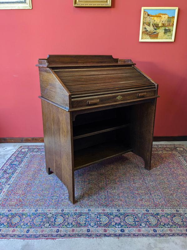 Antique Roll Top Tambour Oak Desk by Lebus