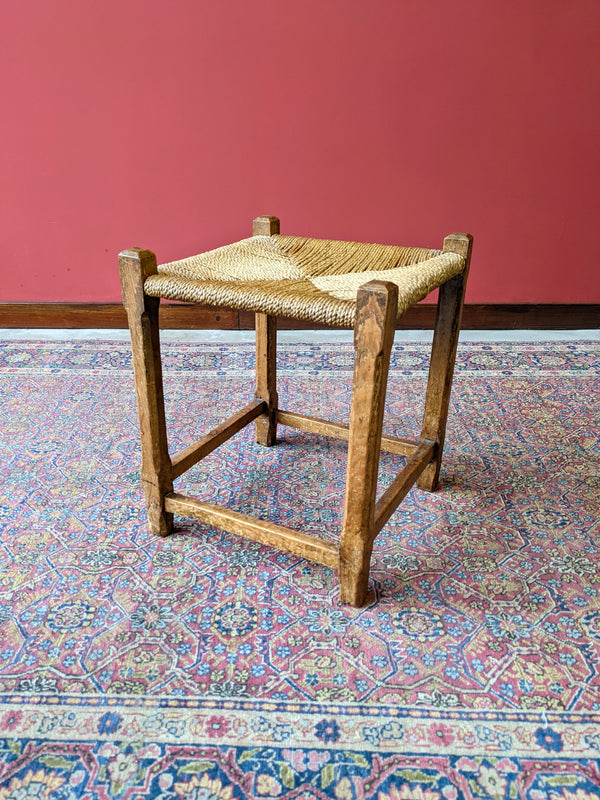Antique Rustic Rush Seat Oak Stool / Footstool