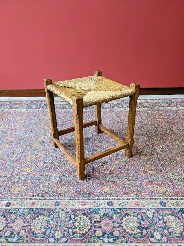 Antique Rustic Rush Seat Oak Stool / Footstool