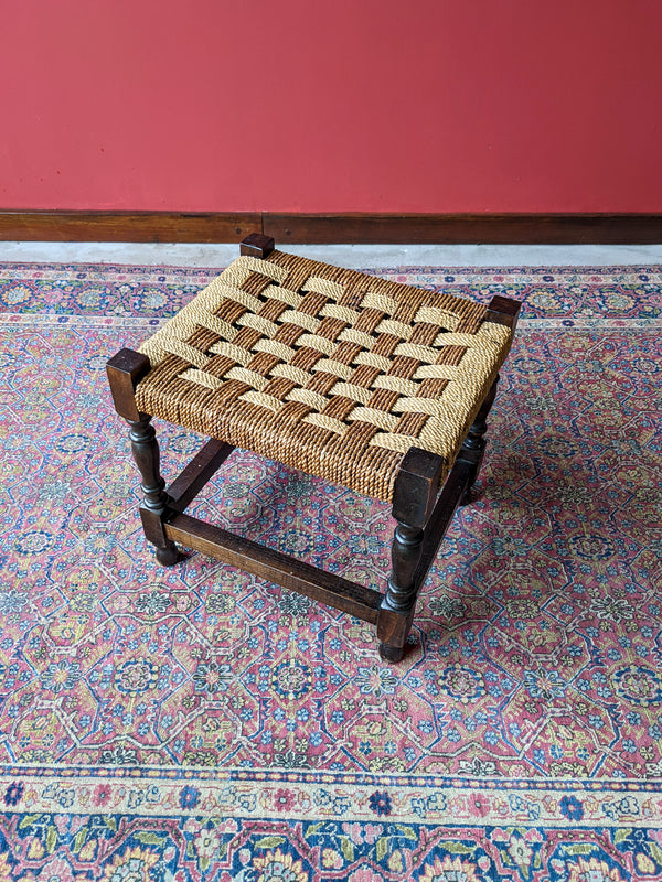 Early 20th Century Antique Rush Seat Stool Oak Stool