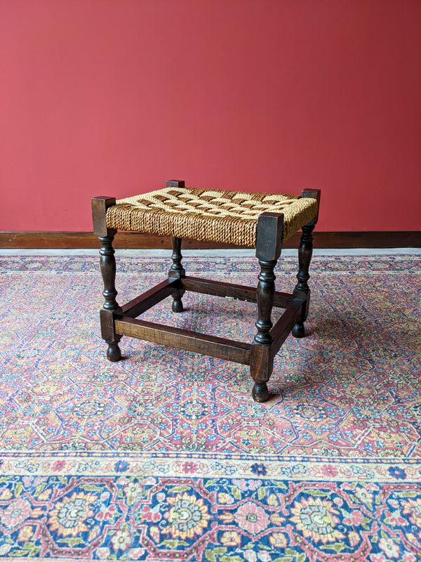 Early 20th Century Antique Rush Seat Stool Oak Stool