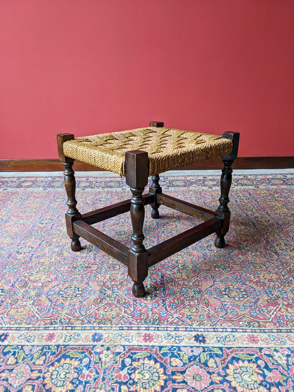 Early 20th Century Antique Rush Seat Stool Oak Stool