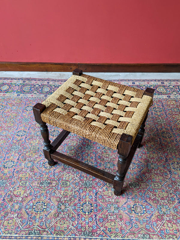 Early 20th Century Antique Rush Seat Stool Oak Stool