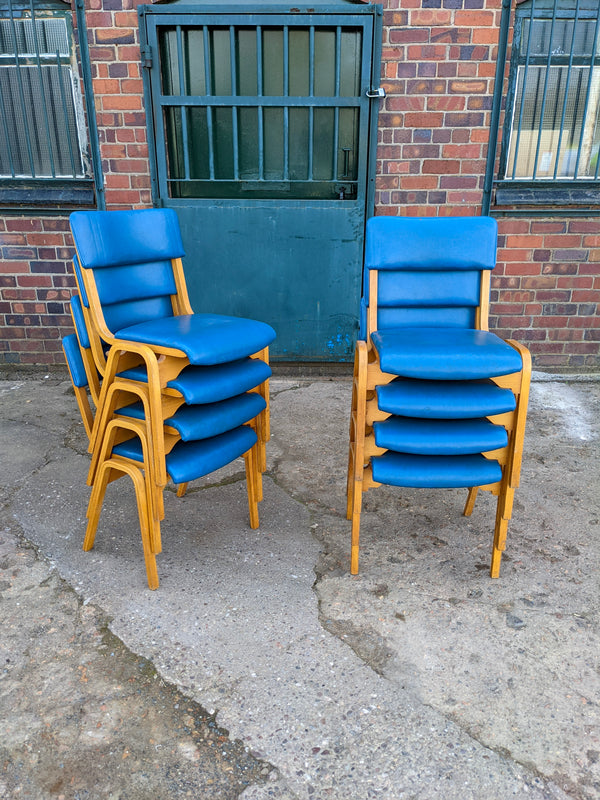 Set of 8 Mid Century Modern Stacking Chapel Chairs with Bible Shelf / Dining Chairs