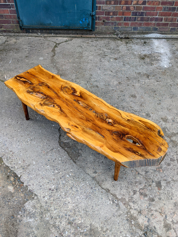 Mid Century Live Edge Yew Wood Coffee Table by Reynolds of Ludlow
