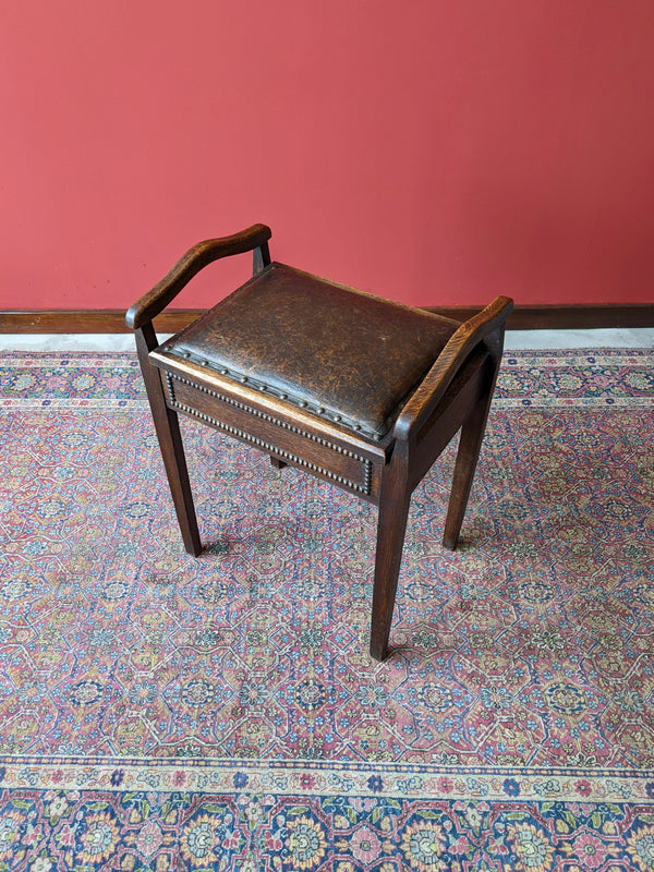 Antique Oak Leather Seat Piano Stool