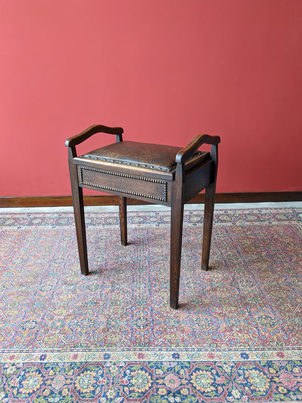 Antique Oak Leather Seat Piano Stool